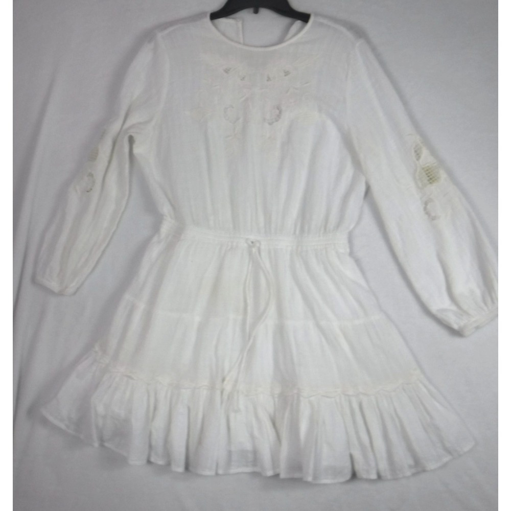 ZARA WOMENS EMBROIDERED SHORT WHITE DRESS DRAWSTRING WAIST AND RUFFLED SIZE L